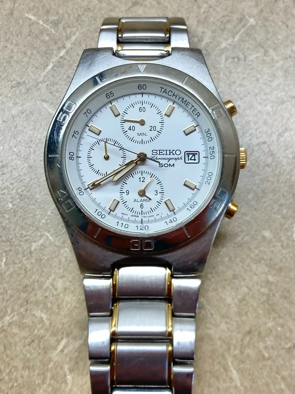 Seiko Two-Tone Silver and Gold Chronograph Watch 7T62-0BW0
